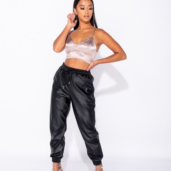 Black Faux Leather Vegan Leather High Waist Loose Fit Joggers Jogger Pants - Picture 2 of 10